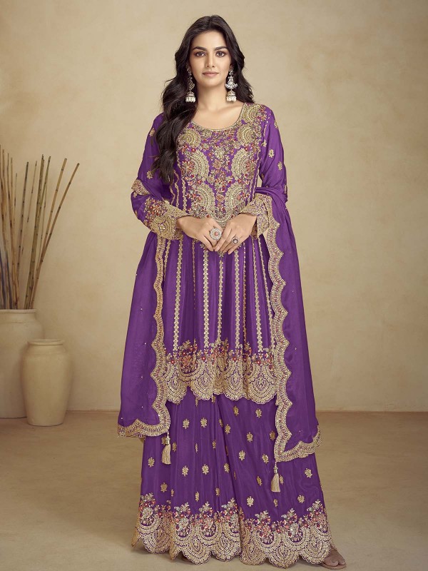 Purple Real Chinon Party Wear Sharara Suit